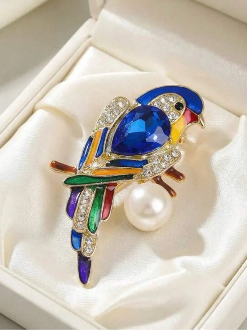 Colorful Parrot Brooch Pin with Faux Pearl Accent - Blue, Green, Red
